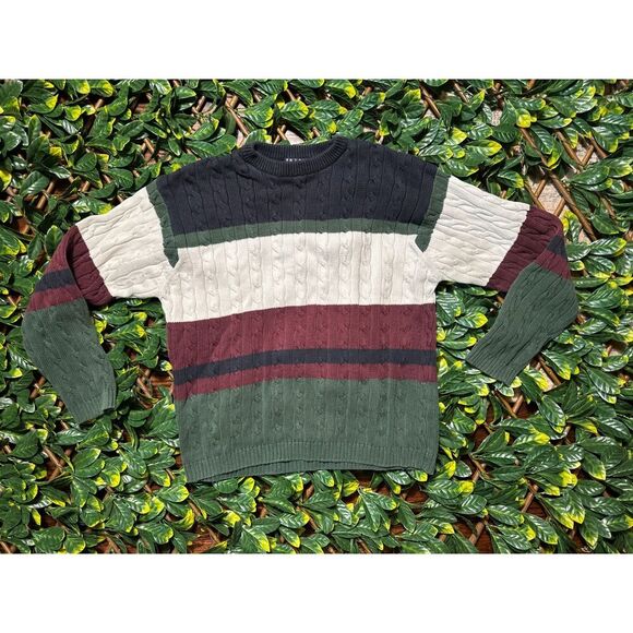 Vintage TRADER BAY 100% Cotton Cable Knit Striped Sweater Size Large - Picture 1 of 5
